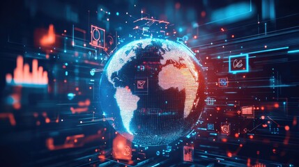 A digital globe surrounded by business icons and innovation symbols.