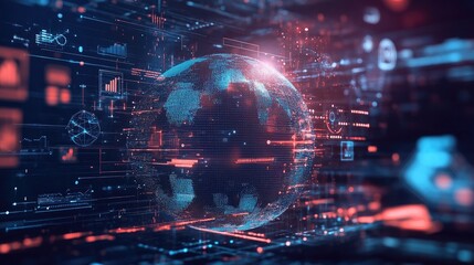 A digital globe surrounded by business icons and innovation symbols.