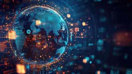 A digital globe with business icons and innovation symbols, representing global opportunities.