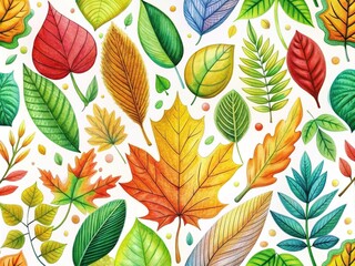 Fototapeta premium Vibrant, hand-drawn illustrations of leaves in various shapes, sizes, and colors, scattered against a soft, white background, creating a whimsical and natural atmosphere.