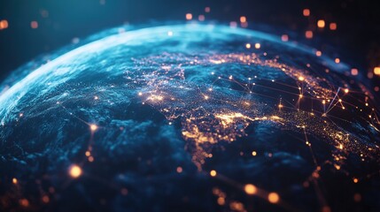 A digital globe with interconnected business hubs, symbolizing global innovation.