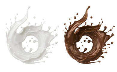 Milk and Chocolate splash, Milkshake and Cocoa pouring, include Clipping path, 3d illustration.