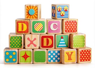 Vibrant, oversized wooden alphabet blocks in bright colors are arranged in a whimsical, scattered pattern on a white background, evoking a sense of childhood wonder.