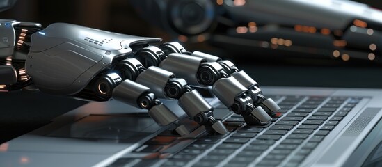 Obraz premium Robotic Hand Typing on Laptop