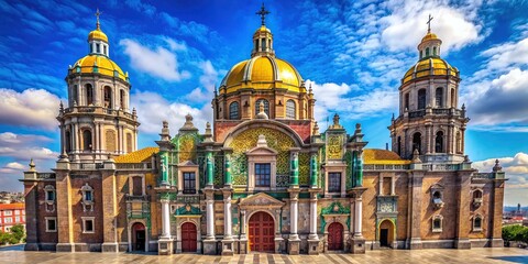 Fototapeta premium Vibrant basilica of Our Lady of Guadalupe in Mexico City, adorned with intricate architecture, colorful tiles, and stunning stained glass, set against a bright blue sky.