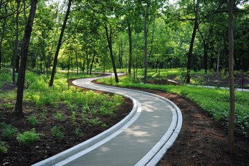Fototapeta premium A jogging track newly laid out through the green woods of a city park, the path blending seamlessly with the natural surroundings, with lush trees and vibrant greenery creating a serene and refreshing