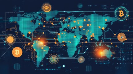 A digital world map with coins and business icons representing global opportunities.
