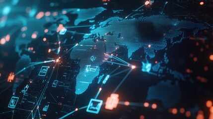 A digital world map with connected lines and business icons, symbolizing global entrepreneurship.