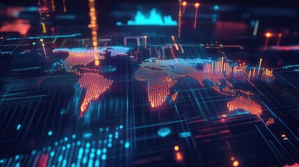 Obraz premium A digital world map with glowing lines and business indicators.