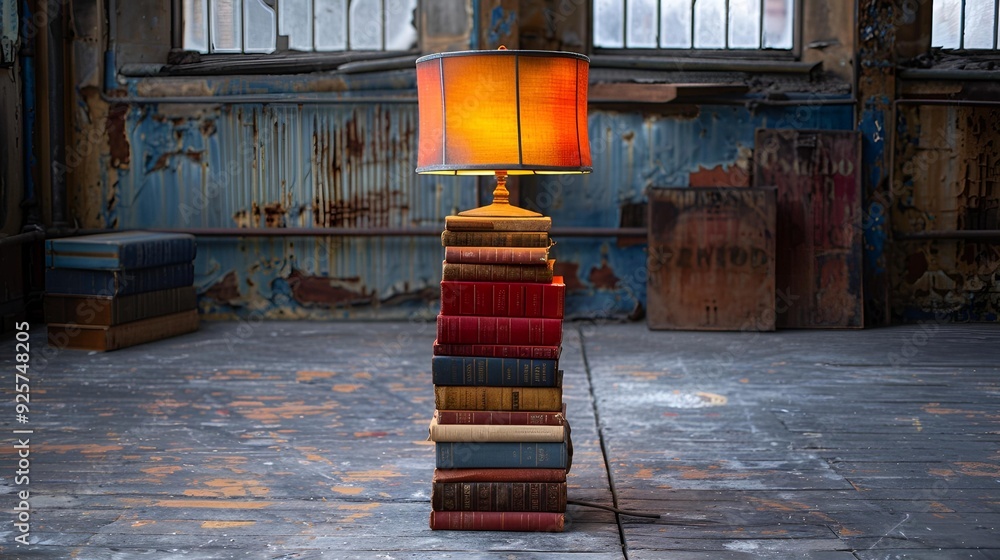 Poster a lamp illuminating a stack of books, creating a cozy reading atmosphere.