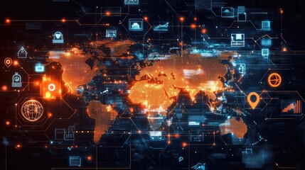 Obraz premium A digital world map with icons representing various business industries.