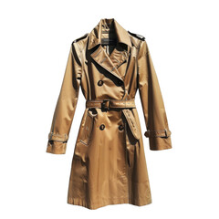 A Tan Leather Trench Coat with a Belt and Double Breasted Closure