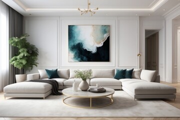 Modern Living Room with Sectional Sofa, Abstract Art, and Gold Accents