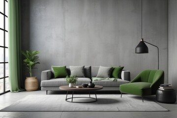Modern living room with grey sofa, green armchair, and concrete wall