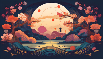 秋天夜晚月亮下的湖泊和山峰