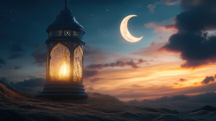 Islamic lantern and moon in the sky
