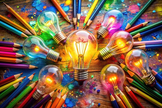 Vibrant colorful light bulbs overflowing with ideas and creativity, surrounded by paintbrushes, pencils, and notes, symbolizing a brilliant and imaginative mind at work.