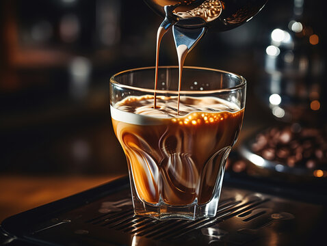Attractive Talanted barista is pouring milk to the jug for latte or cappuchino at his cafe.