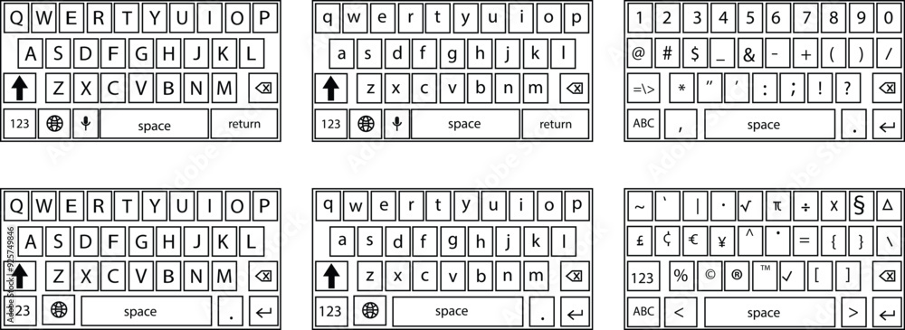 Poster set of smartphone keyboard in dark mode, keypad alphabet, numerals buttons in trendy modern line sty