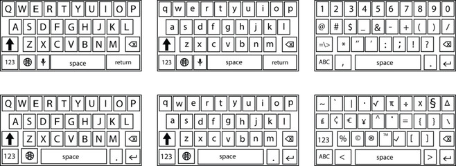 Set of smartphone keyboard in dark mode, keypad alphabet, numerals buttons in trendy modern line styles, mobile phone tab concepts for black color text app vectors isolated on transparent background.