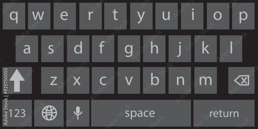 Poster smartphone keyboard in dark mode, keypad alphabet buttons in trendy modern flat style, mobile phone 