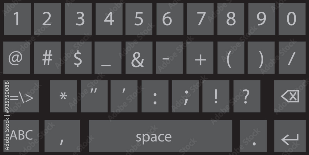 Poster smartphone keyboard in dark mode, keypad numerals buttons in trendy modern flat style, mobile phone 