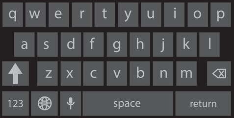 Smartphone keyboard in dark mode, keypad alphabet buttons in trendy modern flat style, mobile phone tab concept for black color text app vector illustration isolated on transparent background. © M