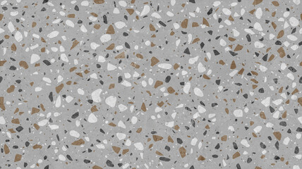 terrazzo pattern with irregularly shaped blue, white, and gray chips embedded in a light gray cement background