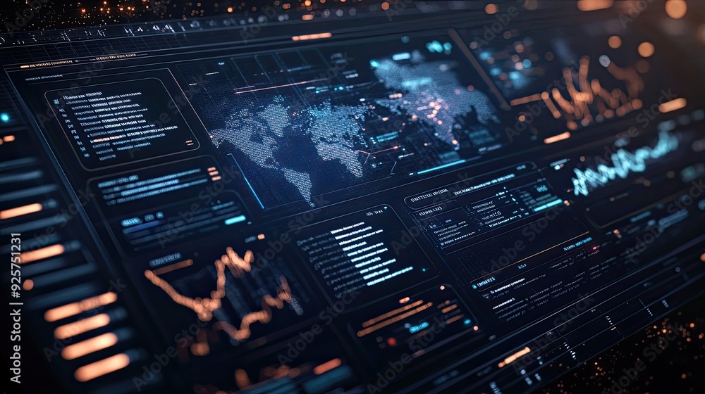 Poster a futuristic interface displaying global business analytics and trends.