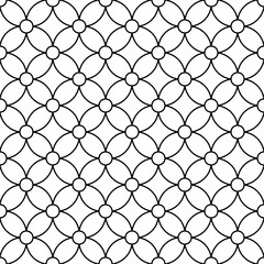 Seamless geometric pattern consisting of black lines with a four-petal flower shape and a circle in the center on a white background. Suitable for graphic design, interiors, textiles, wrapping, etc.