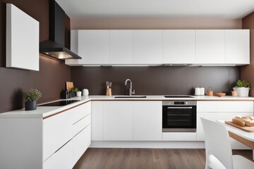 Fototapeta premium Modern White Kitchen with Brown Accents and Stainless Steel Appliances