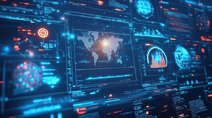 Obraz premium A futuristic interface showing global business trends and innovation.