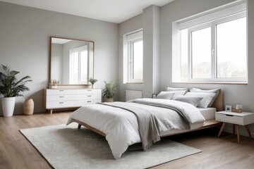 Modern Minimalist Bedroom with White Bed and Wooden Accents