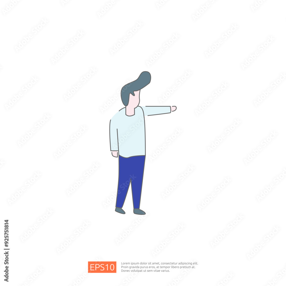 Poster simple illustration of a person pointing with hand, vector design of man in simple line art style.