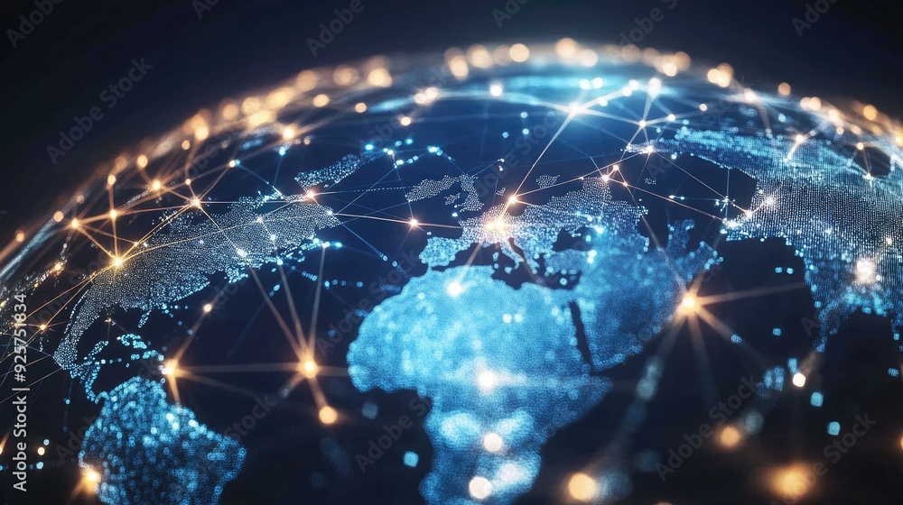 Poster a global business network represented by interconnected points on a digital globe.