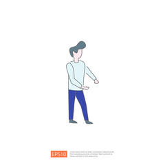 Simple line art illustration of a man standing with an open hand gesture. Minimalist icon for website or app design.