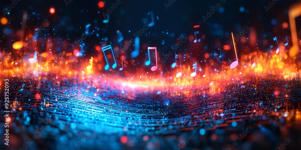 Poster a colorful image of musical notes floating in the air. the notes are scattered all over the image, c