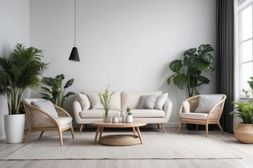 Minimalist Living Room with White Sofa, Wicker Chairs, and Greenery