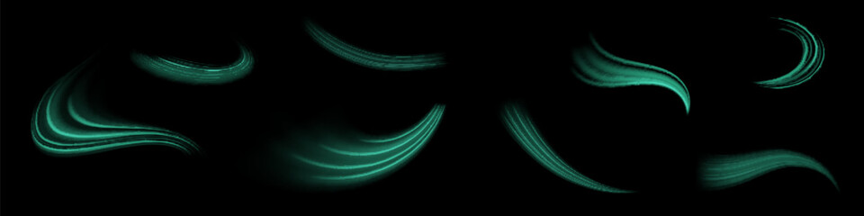 Green glowing shiny lines effect vector background. Luminous white lines of speed. Light glowing effect. Light trail wave, fire path trace line and incandescence curve twirl.