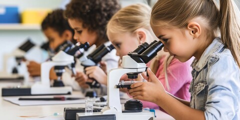 Naklejka premium Curious Minds at Work: A Group of Children Engaging with Microscopes in a Science Classroom Setting