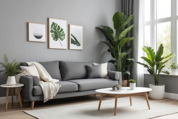 Modern Living Room Interior with Grey Sofa, Plants, and Wooden Coffee Table