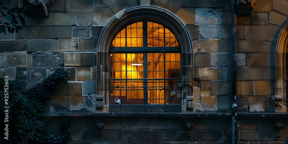 Poster a window with a light shining through it. the window is on a building with a stone wall