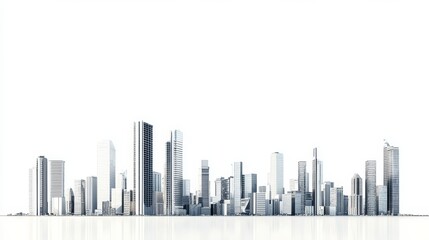 Fototapeta premium Photorealistic depiction of a modern urban skyline, prominently featuring a cluster of sleek high-rise buildings, all set against a stark white background, high quality photo 