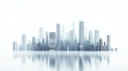 Obraz premium Photorealistic depiction of a modern urban skyline, prominently featuring a cluster of sleek high-rise buildings, all set against a stark white background, high quality photo 