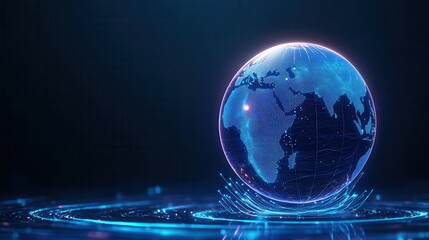 A digital globe illustration showcasing modern technology with glowing elements, representing global connectivity and information exchange.