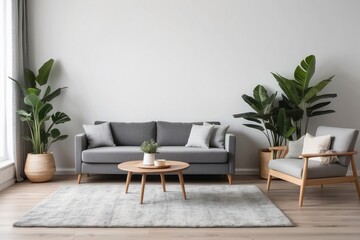 Minimalist Living Room with Gray Sofa, Coffee Table, and Two Armchairs