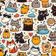 Cute Cat Doodle Seamless Pattern