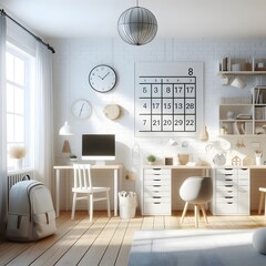 Modern Home Office with White Furniture and a Calendar