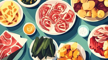 Spanish Cuisine Array Illustration, Vector Art Style, Paella and Charcuterie on Plates, Blue Tablecloth Setting with Soft Lighting