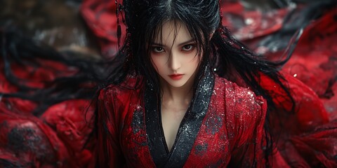 A woman in a red dress with black hair and red lipstick. She is wearing a traditional costume and she is in a dramatic pose